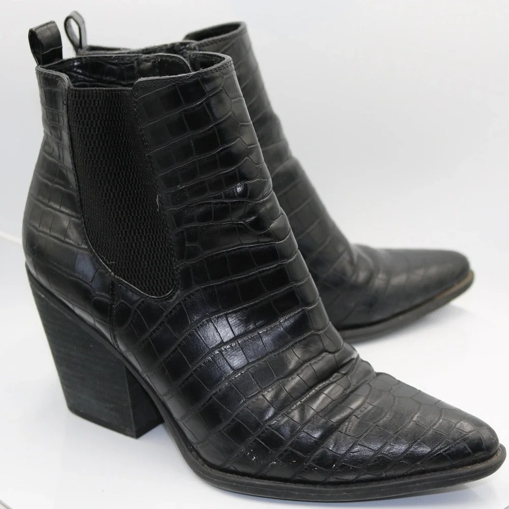 Soul Naturalizer Micah Black Faux Croc Embossed Block Heel Ankle Boots Sz 10M‎